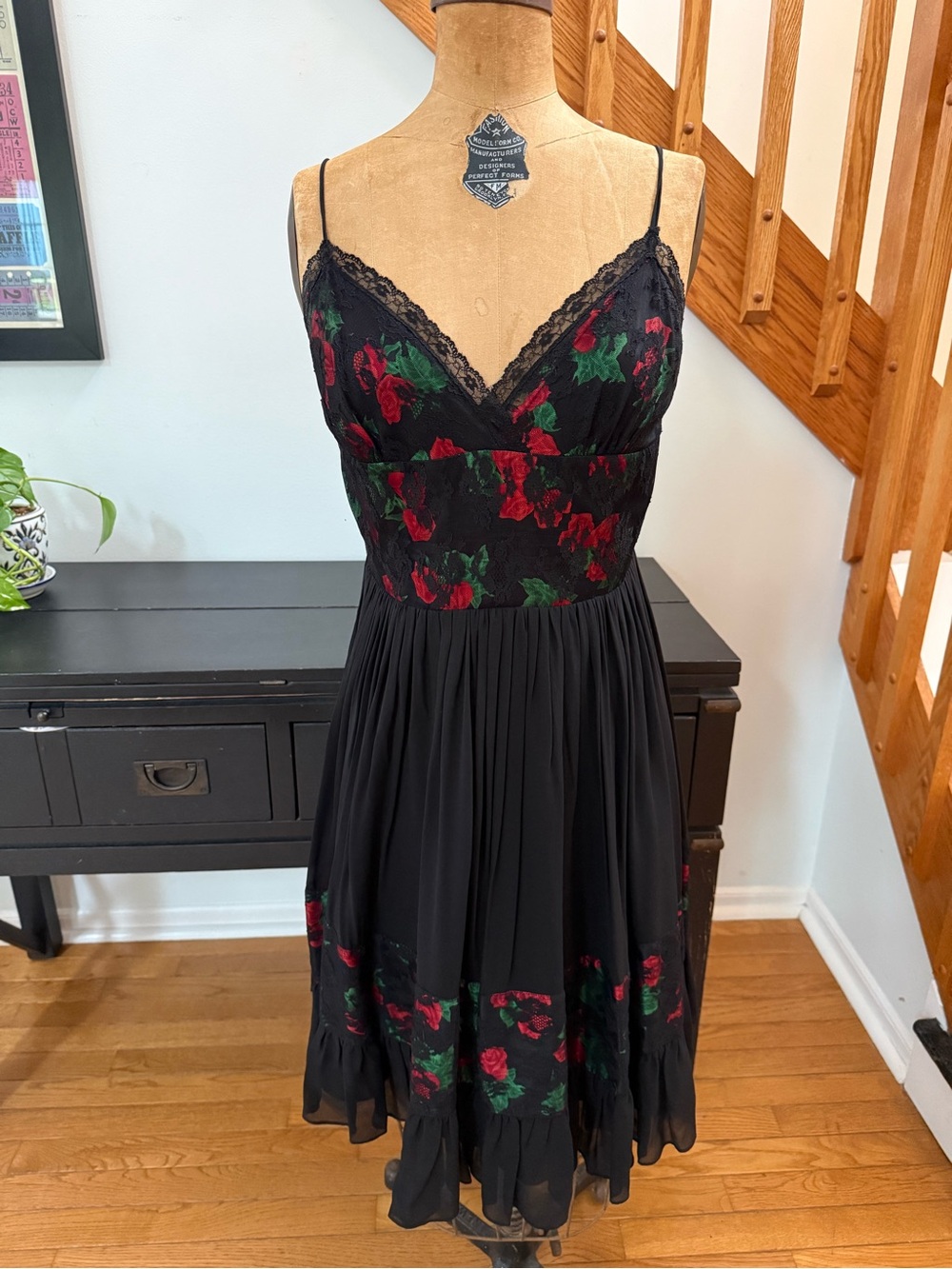 Betsey Johnson Black Silk Midi Dress with Red Roses